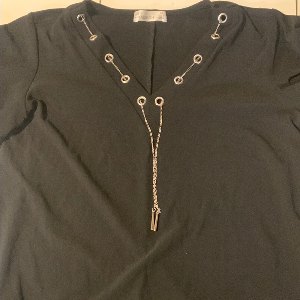 Black V-Neck Top with Chain Detail